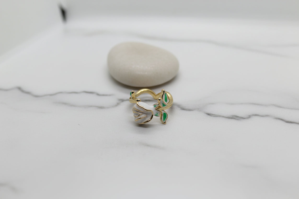 Enamel Tulip Wishbone Ring White
