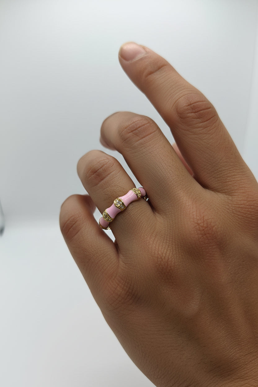 Pink Enamel Bamboo Stackable Ring (Adjustable)