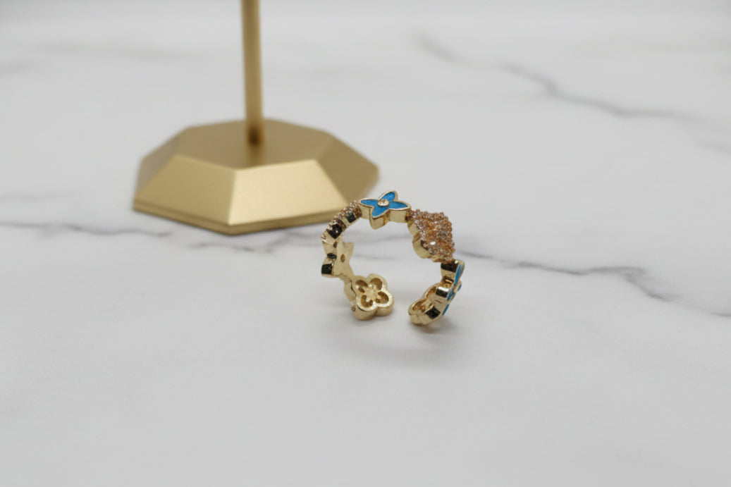 Multi-Charm Clover Open Ring Blue (Adjustable)