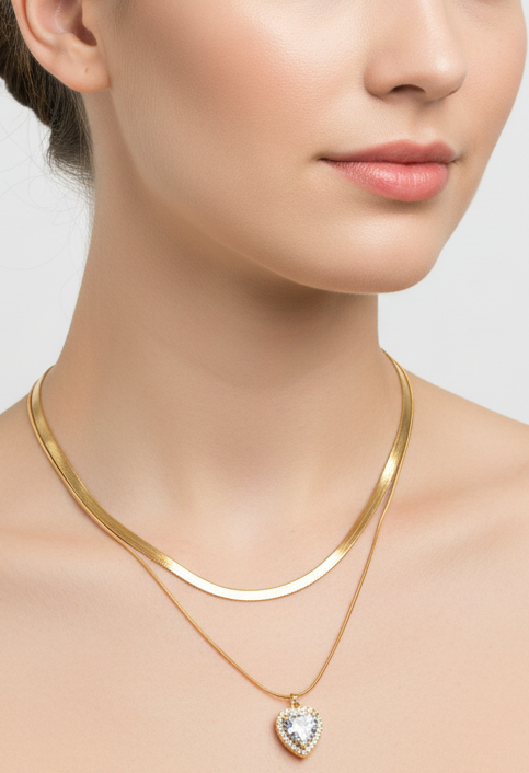 Double-Layer Gold Herringbone & Crystal Heart Necklace