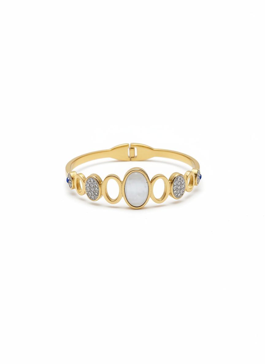 Gold-Toned Alternating Stone Cuff Bangle Bracelet (Free Size)