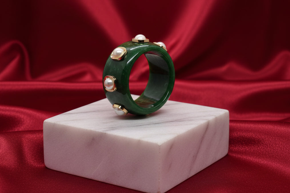 Forest Green Pearl Studded Cuff Free Size