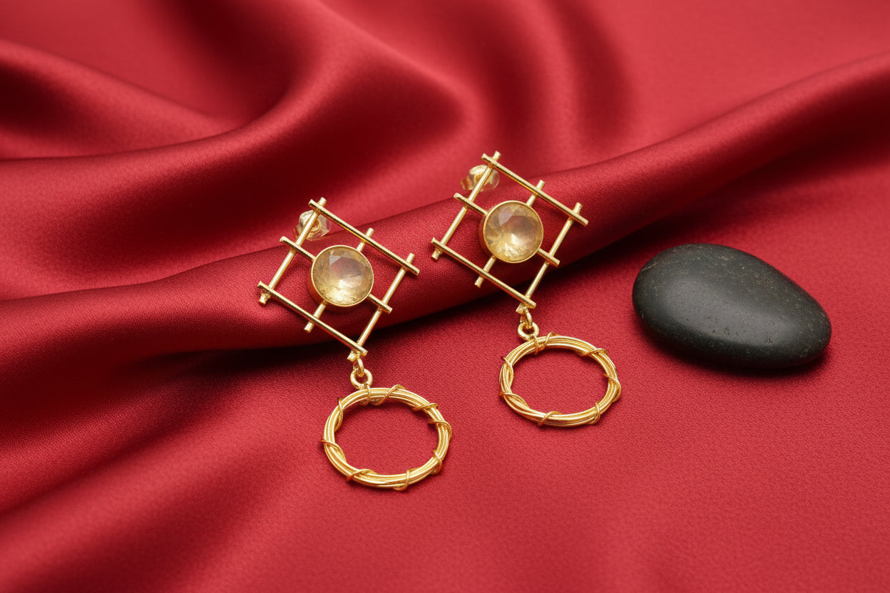 Geometric Grid and Wire Circle Drop Natural Stone Earrings