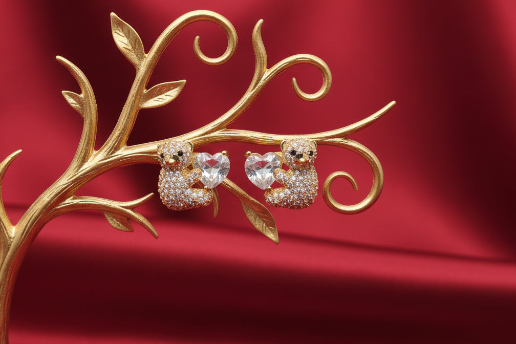 Golden Bear and Heart Huggie Studs