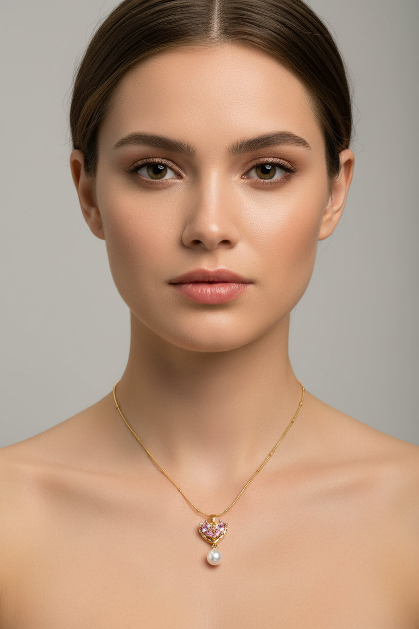 Pink Crystal Heart & Pearl Drop Necklace