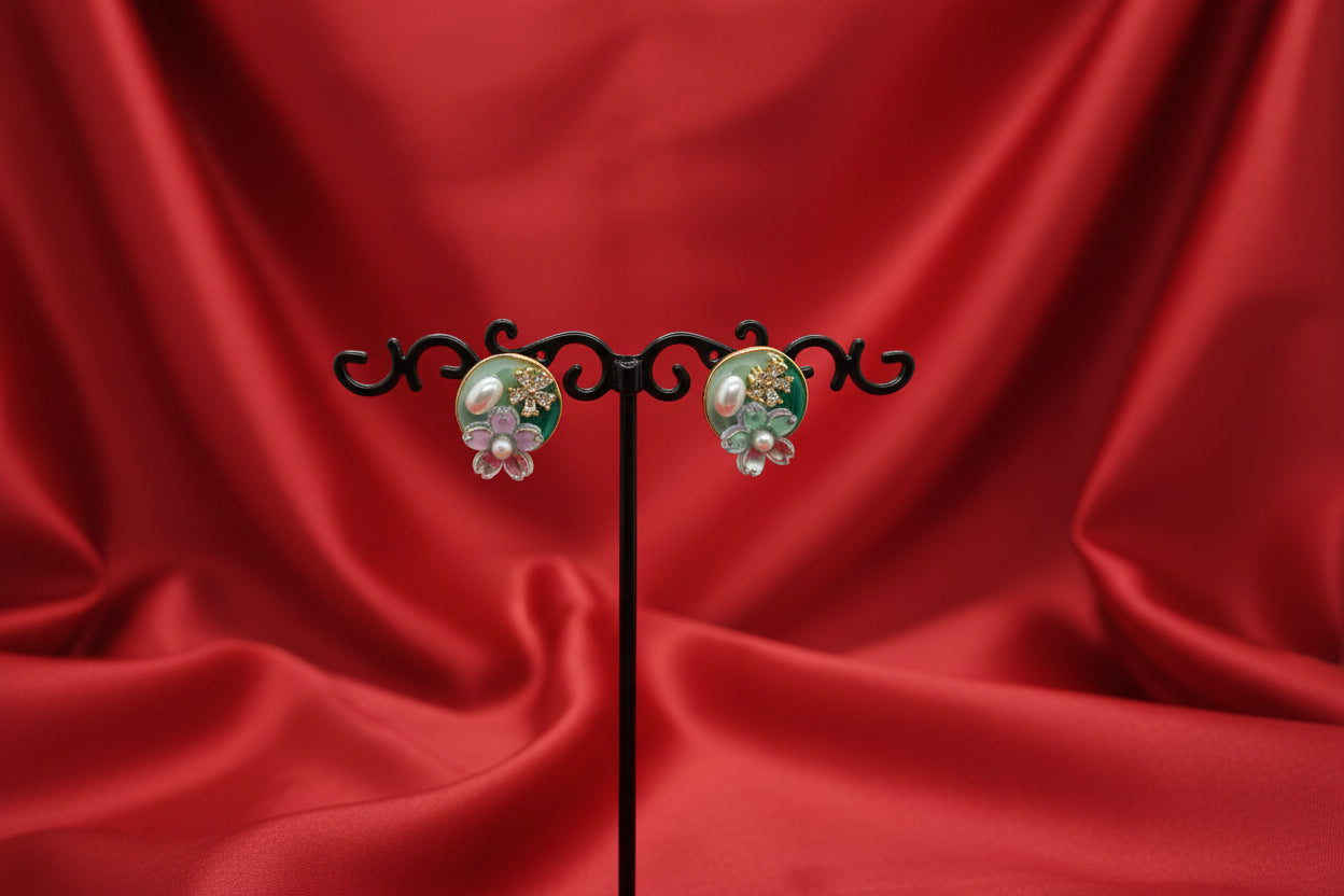 Floral Motif Stud Earrings with Pearl Accents