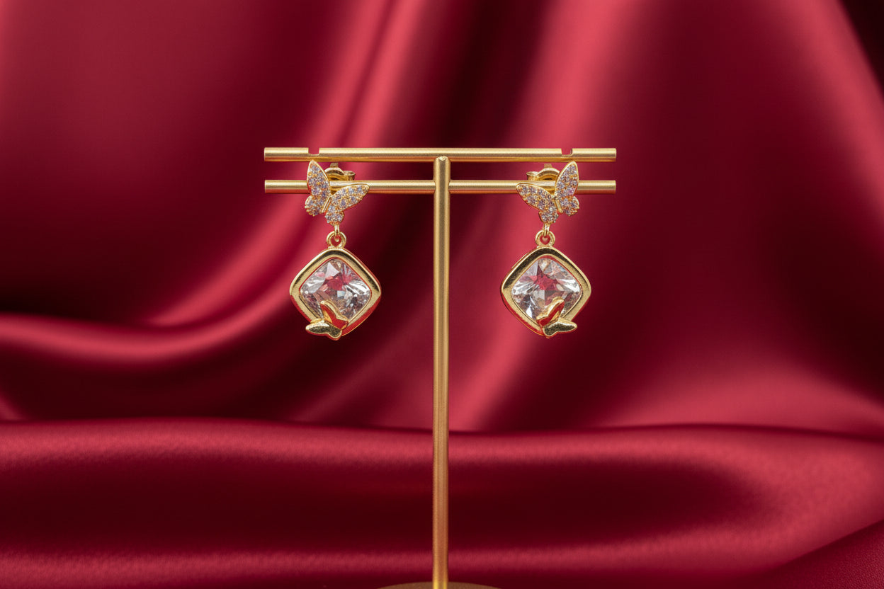 Gold-tone Butterfly & Square Crystal Drop Earrings