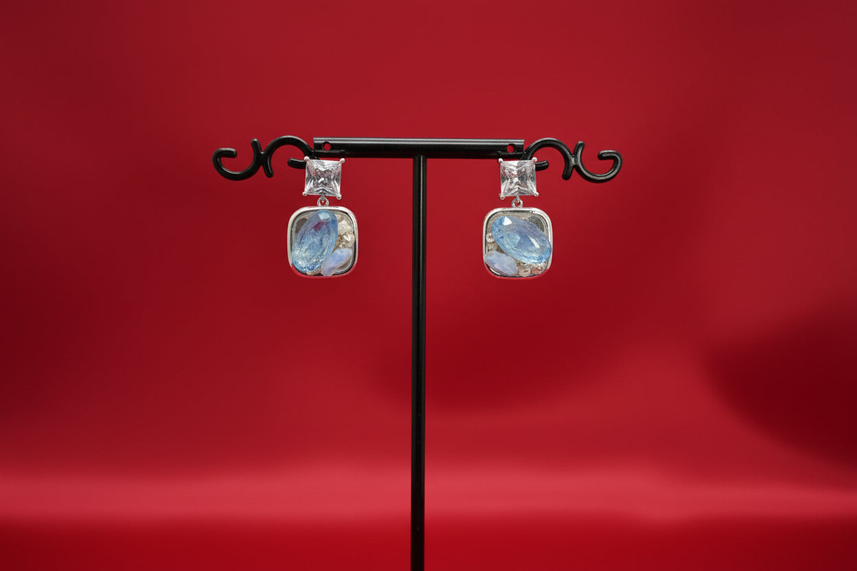 Geometric Drop Earrings with Blue Oval Stones