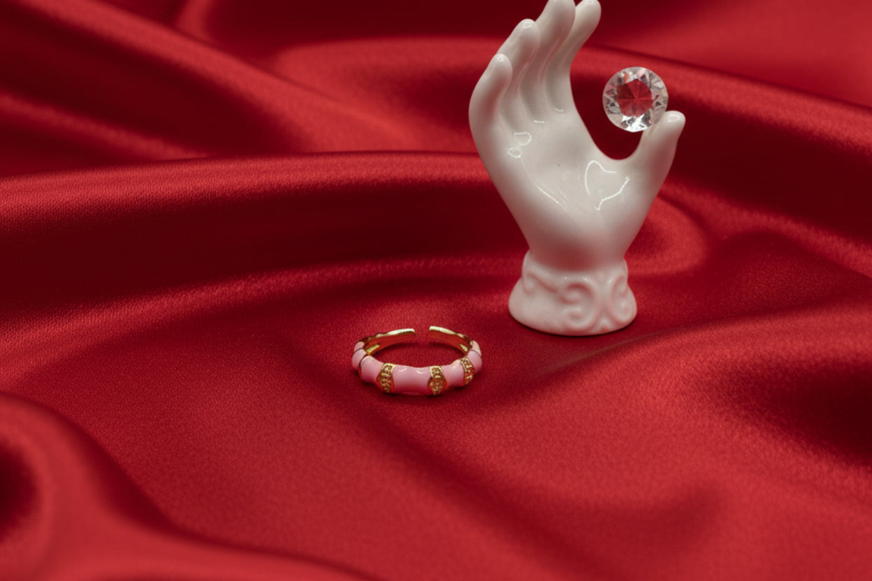 Pink Enamel Bamboo Stackable Ring (Adjustable)