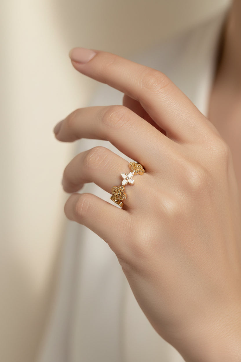 Multi-Charm Clover Open Ring White (Adjustable)