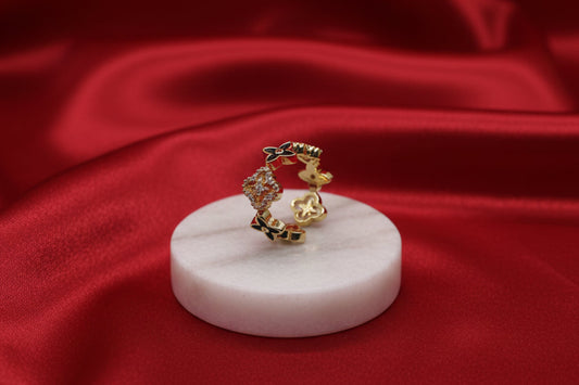 Multi-Charm Clover Open Ring Black (Adjustable)