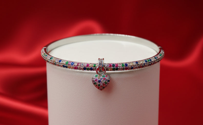 Silver-Finish Rainbow Pave Heart Charm Bangle ( Free Size)