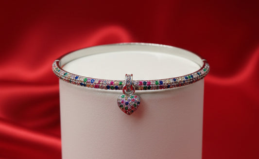 Silver-Finish Rainbow Pave Heart Charm Bangle ( Free Size)
