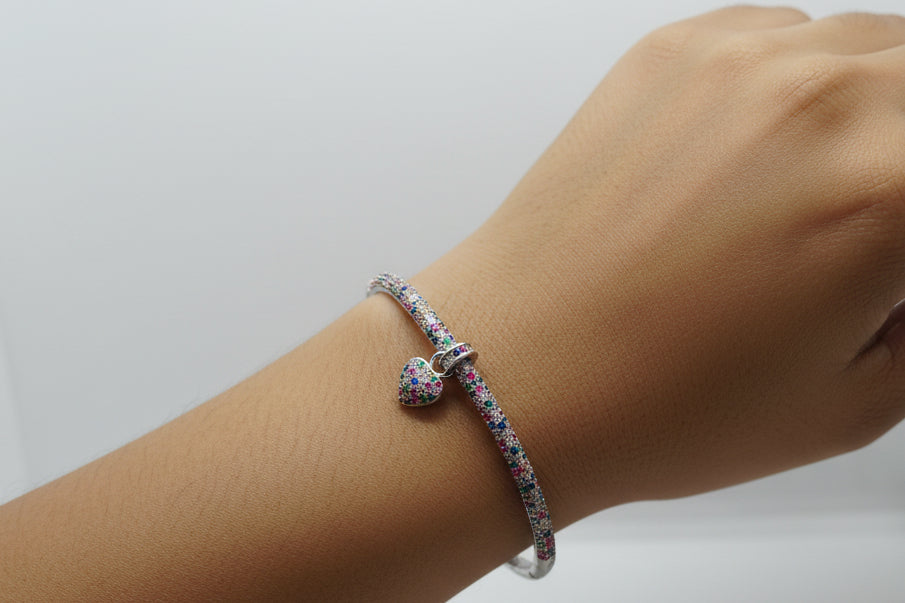 Silver-Finish Rainbow Pave Heart Charm Bangle ( Free Size)