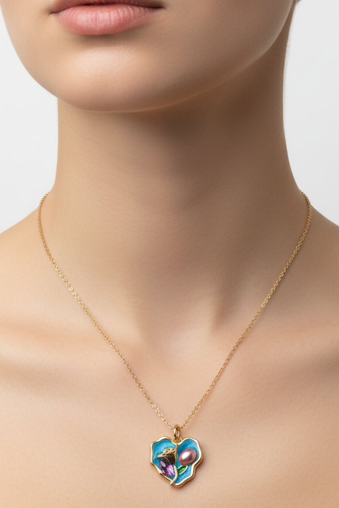 Enamel Bloom Organic Heart Pendant Necklace