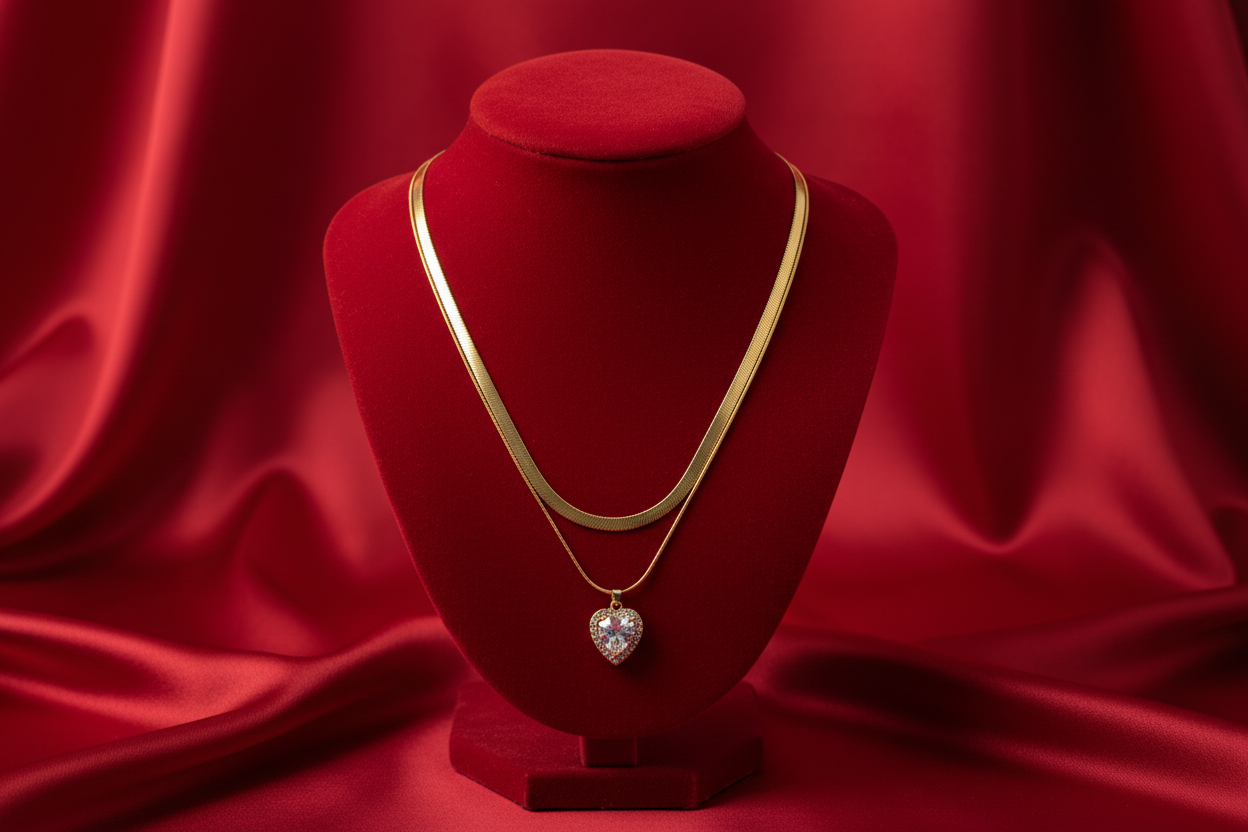 Double-Layer Gold Herringbone & Crystal Heart Necklace