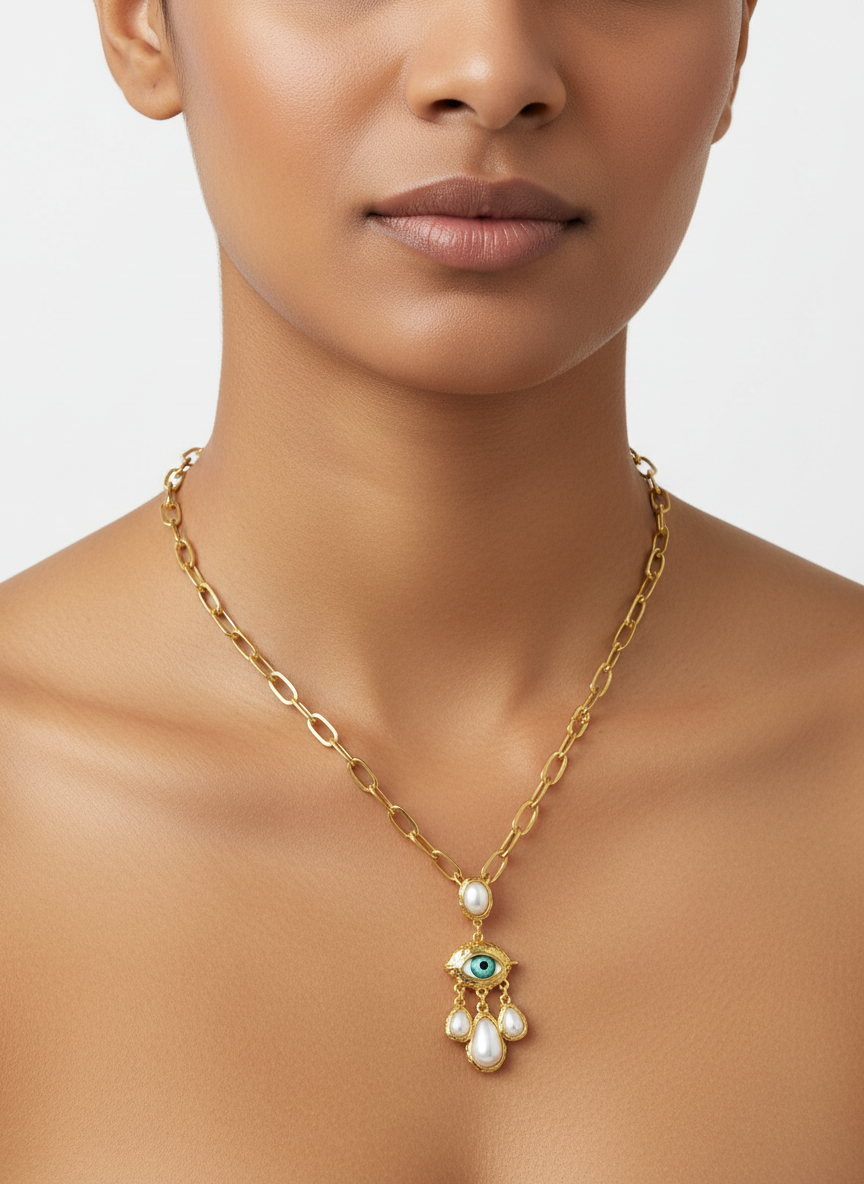 Enamel Eye and Baroque Pearl Drop Necklace