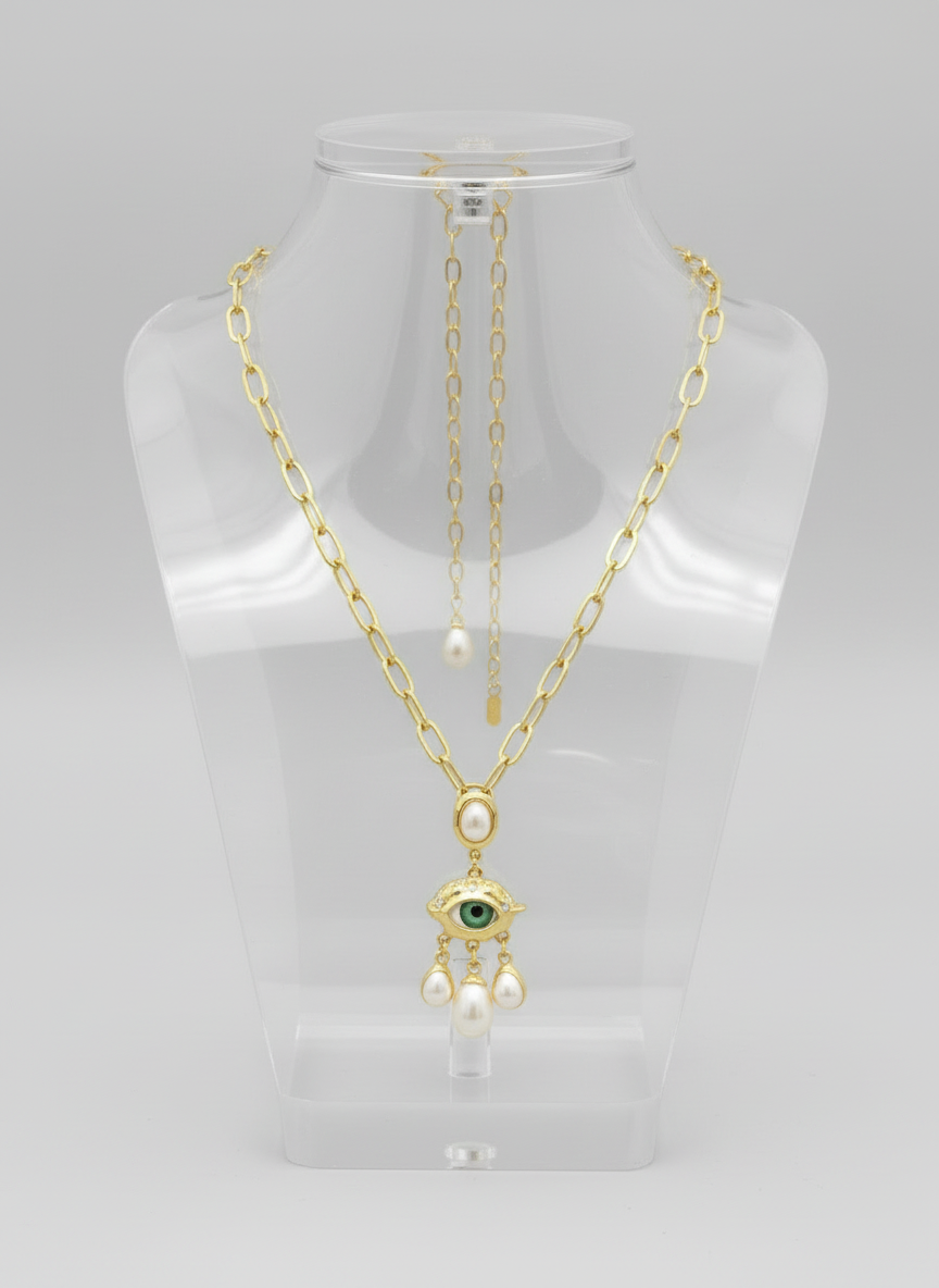 Enamel Eye and Baroque Pearl Drop Necklace