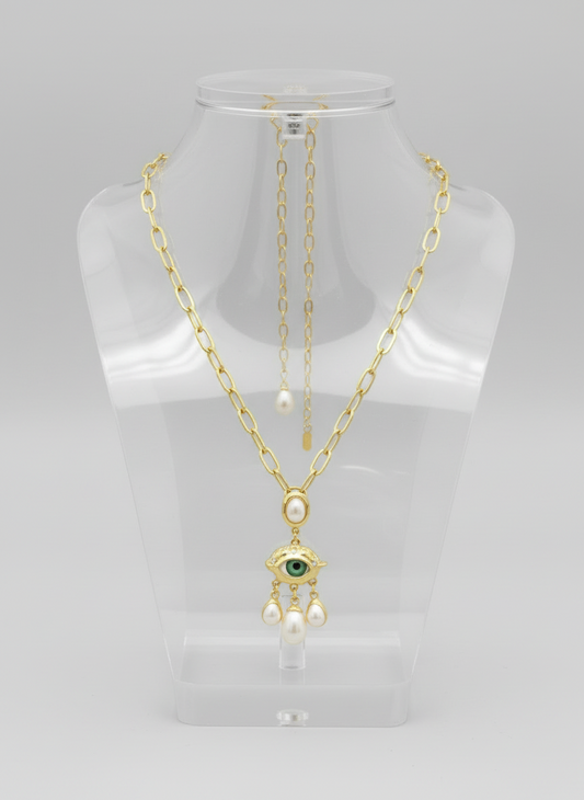 Enamel Eye and Baroque Pearl Drop Necklace