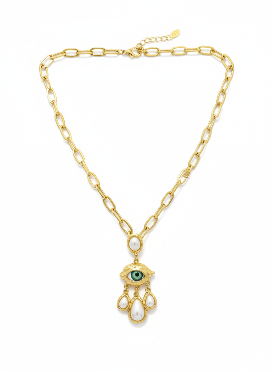 Enamel Eye and Baroque Pearl Drop Necklace