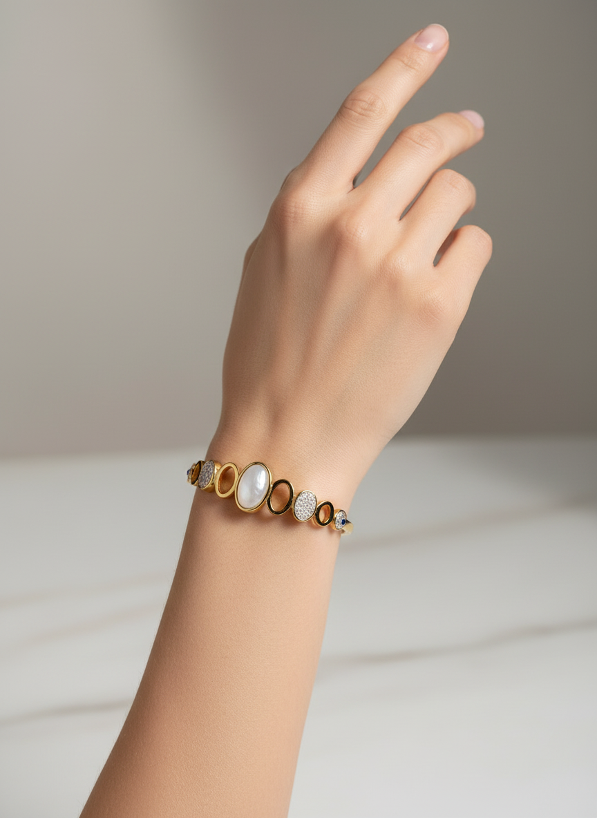 Gold-Toned Alternating Stone Cuff Bangle Bracelet (Free Size)