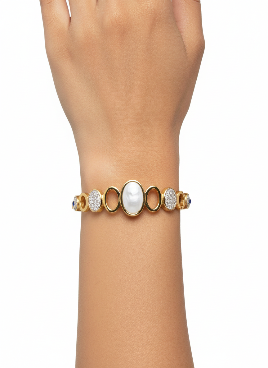 Gold-Toned Alternating Stone Cuff Bangle Bracelet (Free Size)
