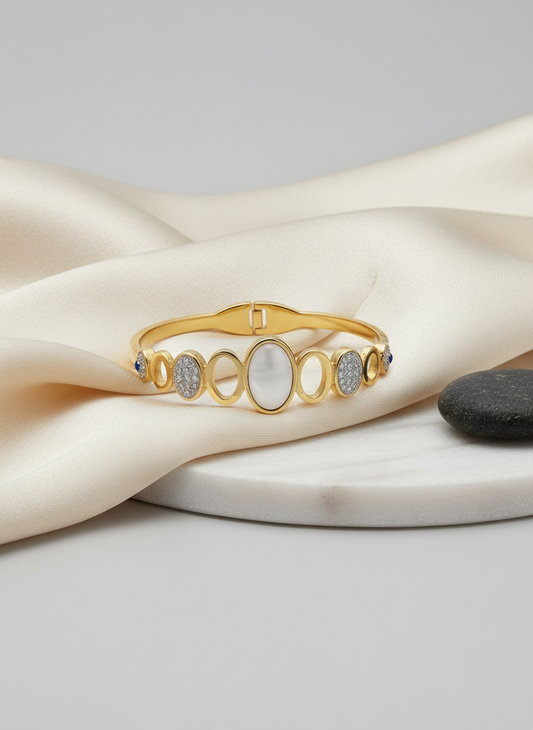 Gold-Toned Alternating Stone Cuff Bangle Bracelet (Free Size)