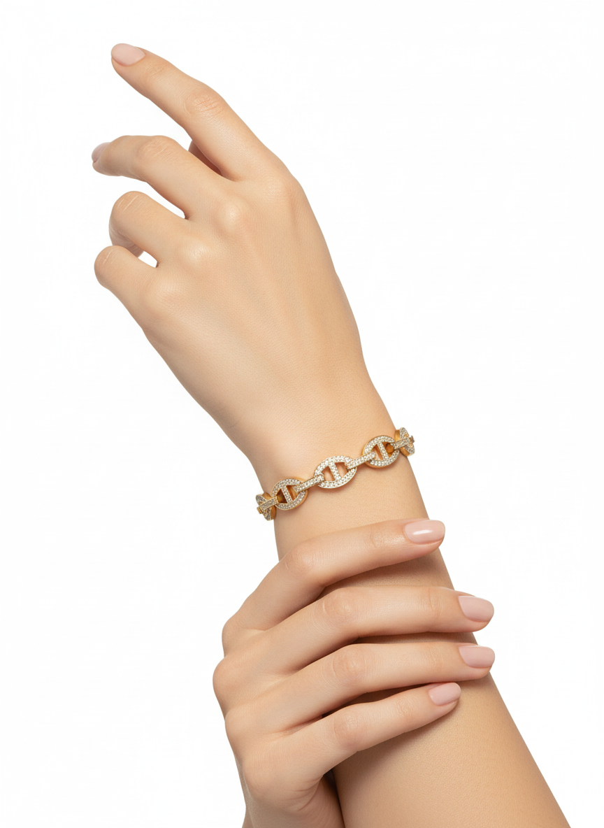 Pave Chain Link Bangle Bracelet (Free Size)
