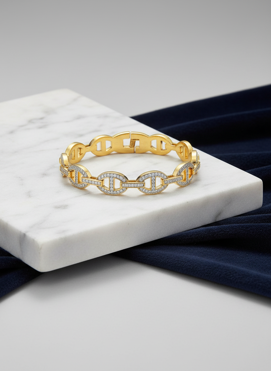 Pave Chain Link Bangle Bracelet (Free Size)