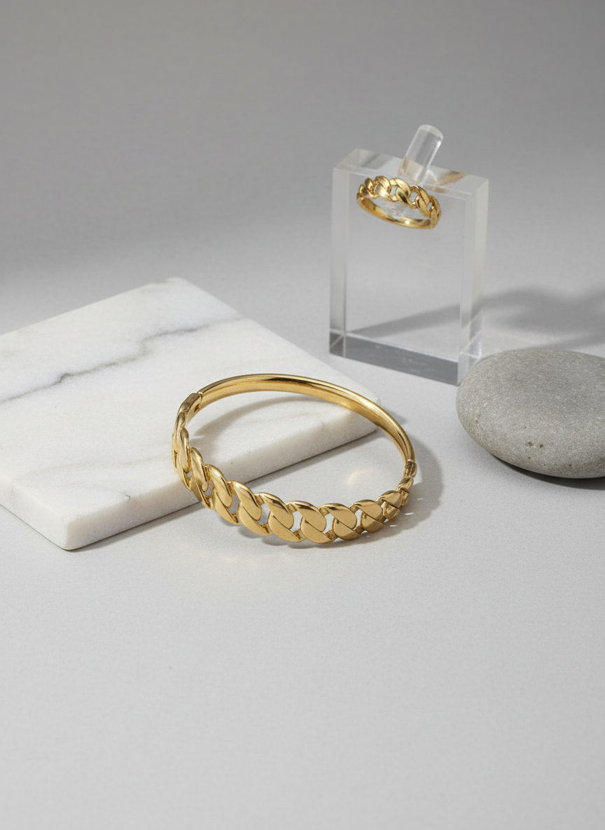 Gold-Tone Cuban Curb Bangle Bracelet (Free Size)