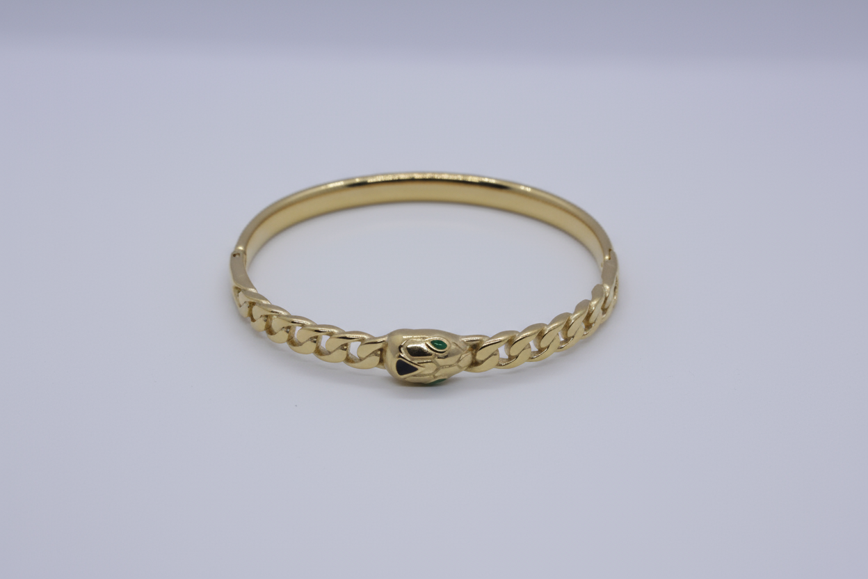 Gold Tone Snake Head Curb Chain Bangle Bracelet (FREE SIZE)
