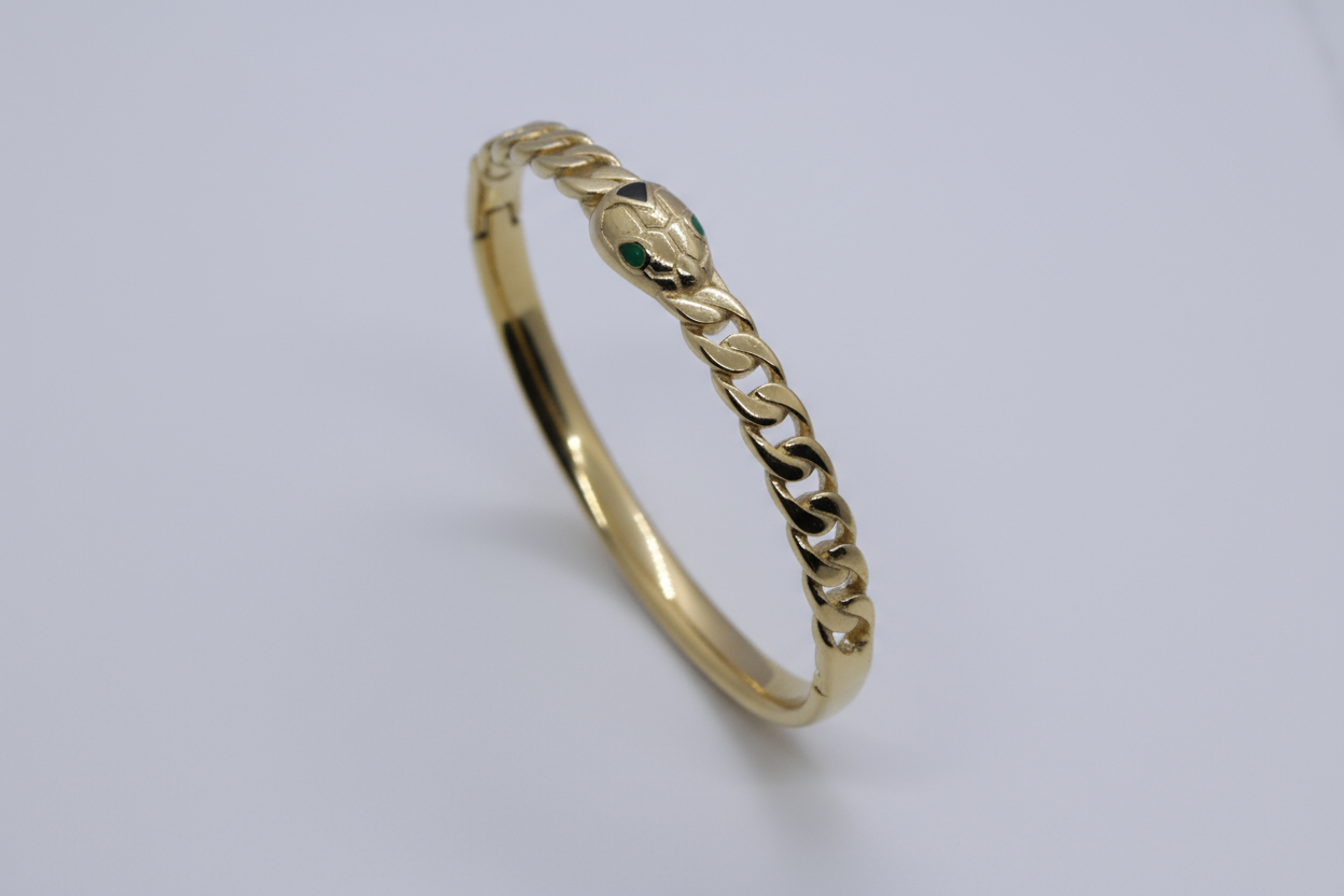 Gold Tone Snake Head Curb Chain Bangle Bracelet (FREE SIZE)