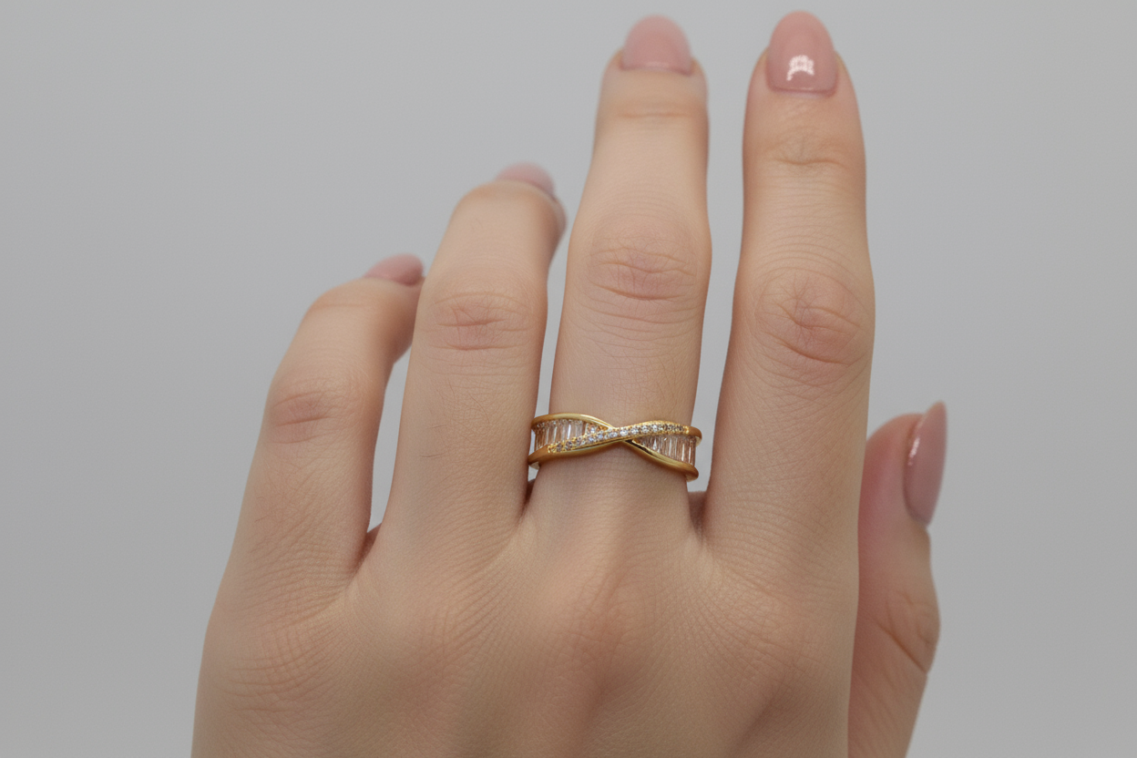 The X Band With Ladder Diamond Gold Ring (Adjustable Size)