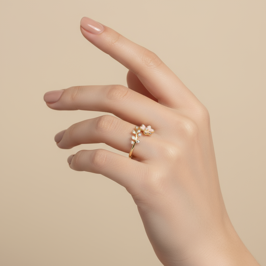 Golden Flower & Leaves Ring (Adjustable Size)