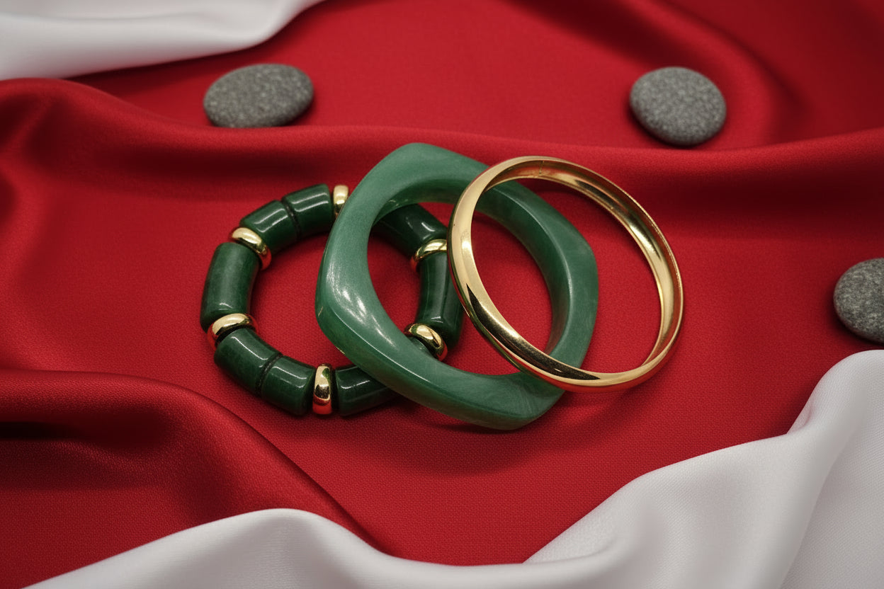 Mixed Green & Gold Bangle Free Size Set Of 3