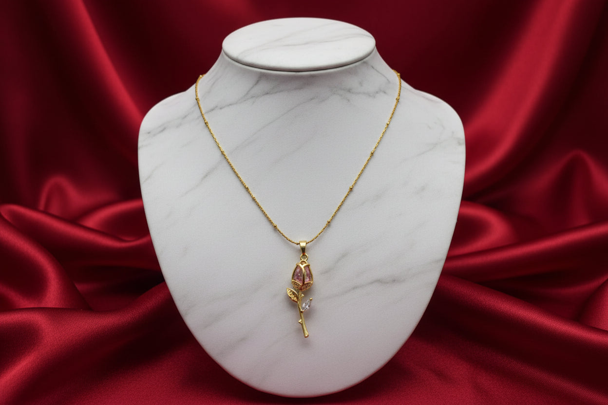 Pink Crystal Rose Pendant Necklace