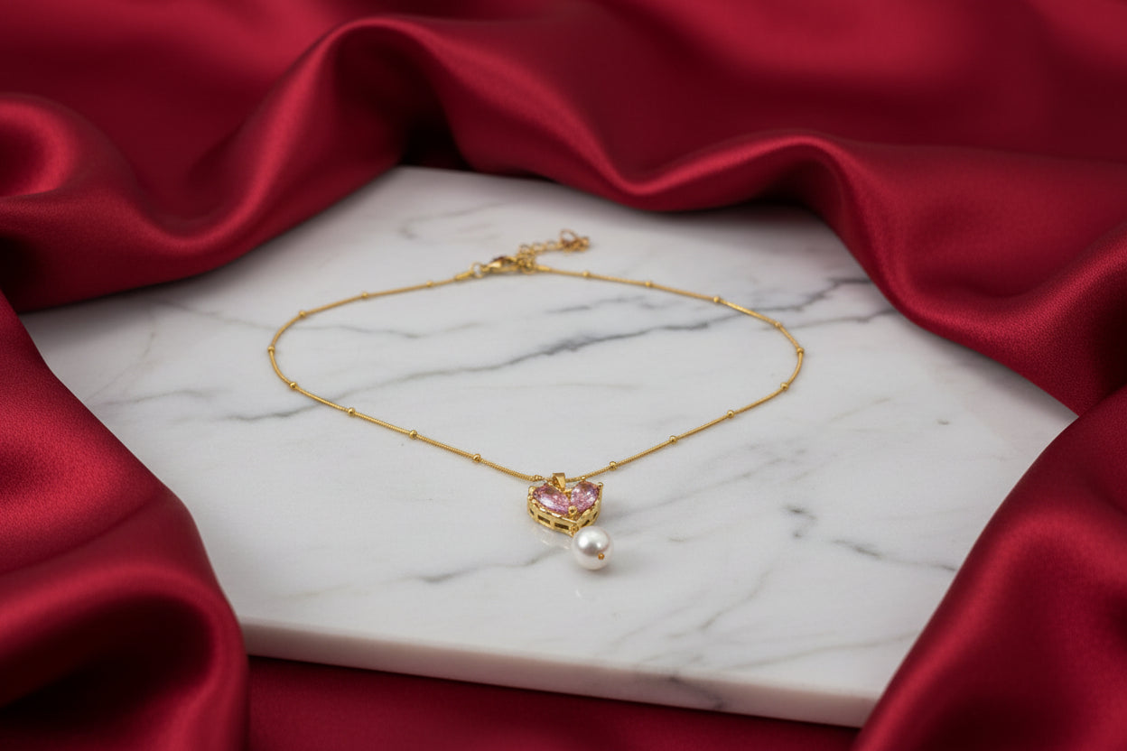 Pink Crystal Heart & Pearl Drop Necklace
