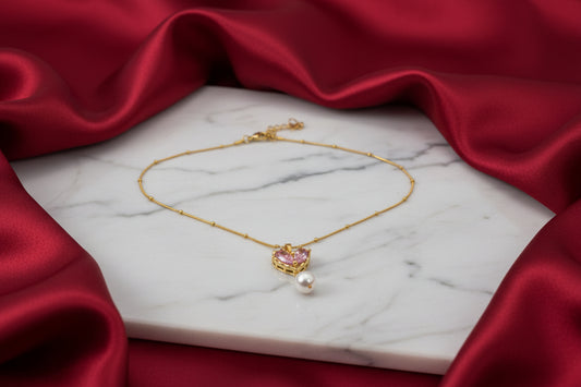 Pink Crystal Heart & Pearl Drop Necklace