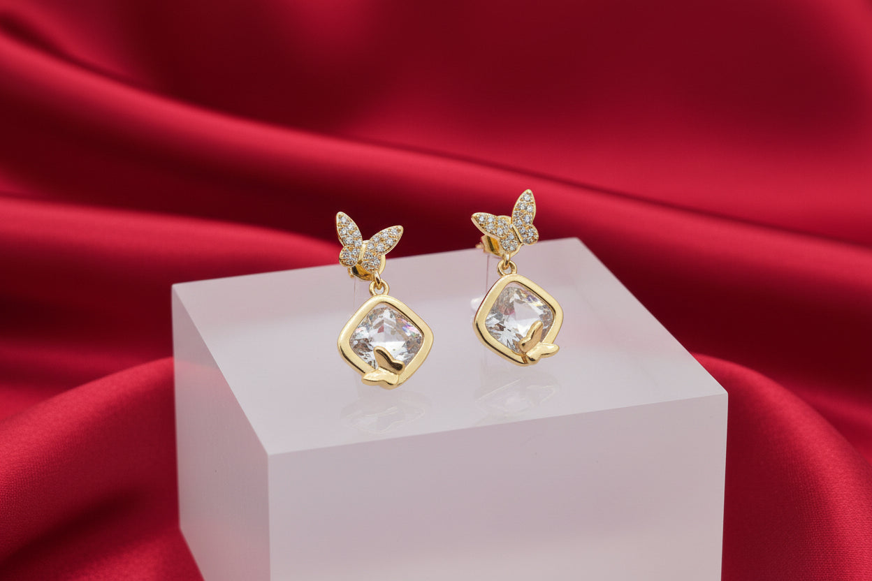 Gold-tone Butterfly & Square Crystal Drop Earrings