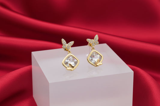 Gold-tone Butterfly & Square Crystal Drop Earrings
