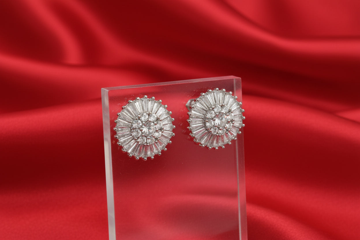 Baguette-Halo Floral Crystal Studs
