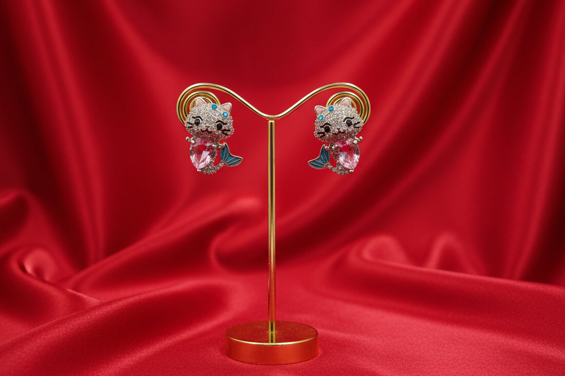 Pink Heart Mermaid Cat Stud Earrings