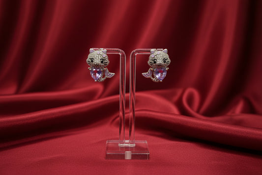 Lavender Heart Mermaid Cat Stud Earrings