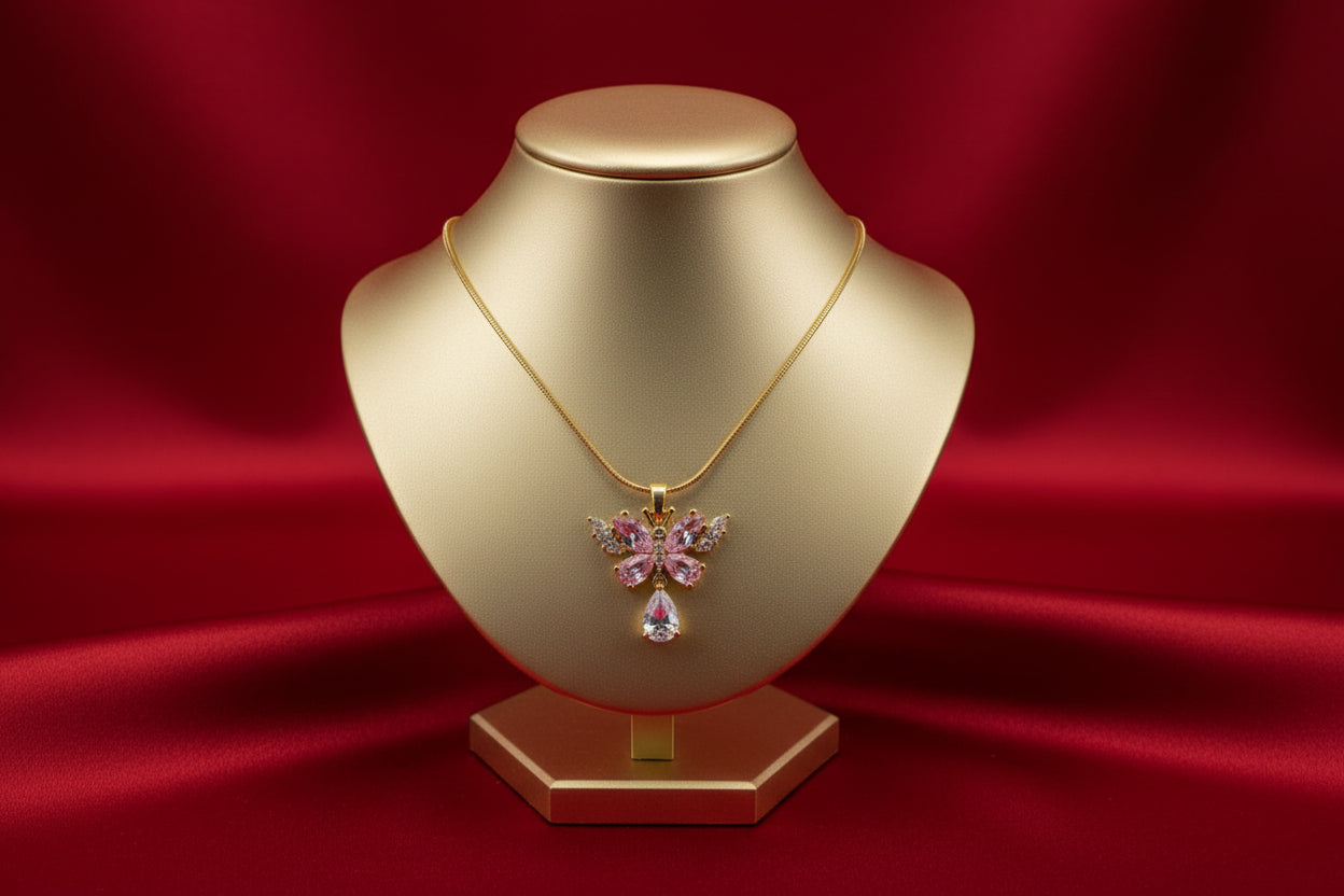 Pink Crystal Butterfly Drop Necklace