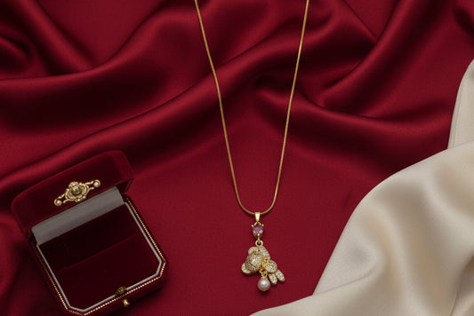 Crystal Teddy Bear & Pearl Pendant Necklace