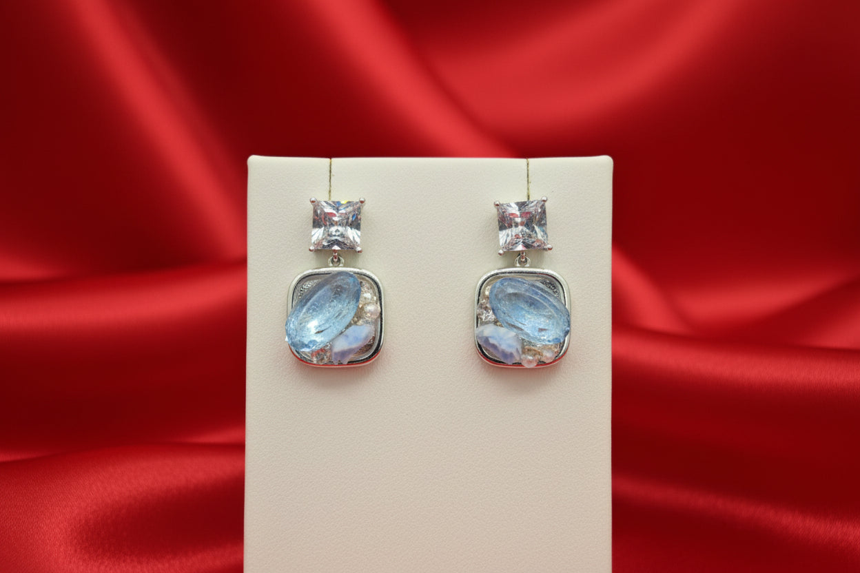 Geometric Drop Earrings with Blue Oval Stones