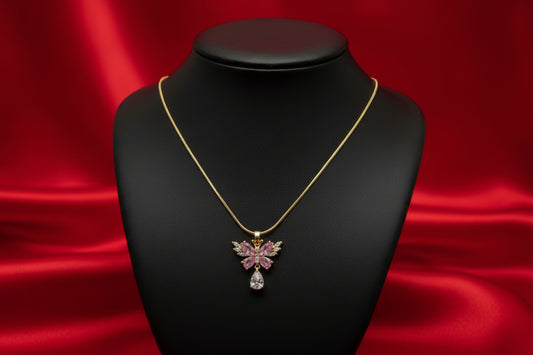 Pink Crystal Butterfly Drop Necklace