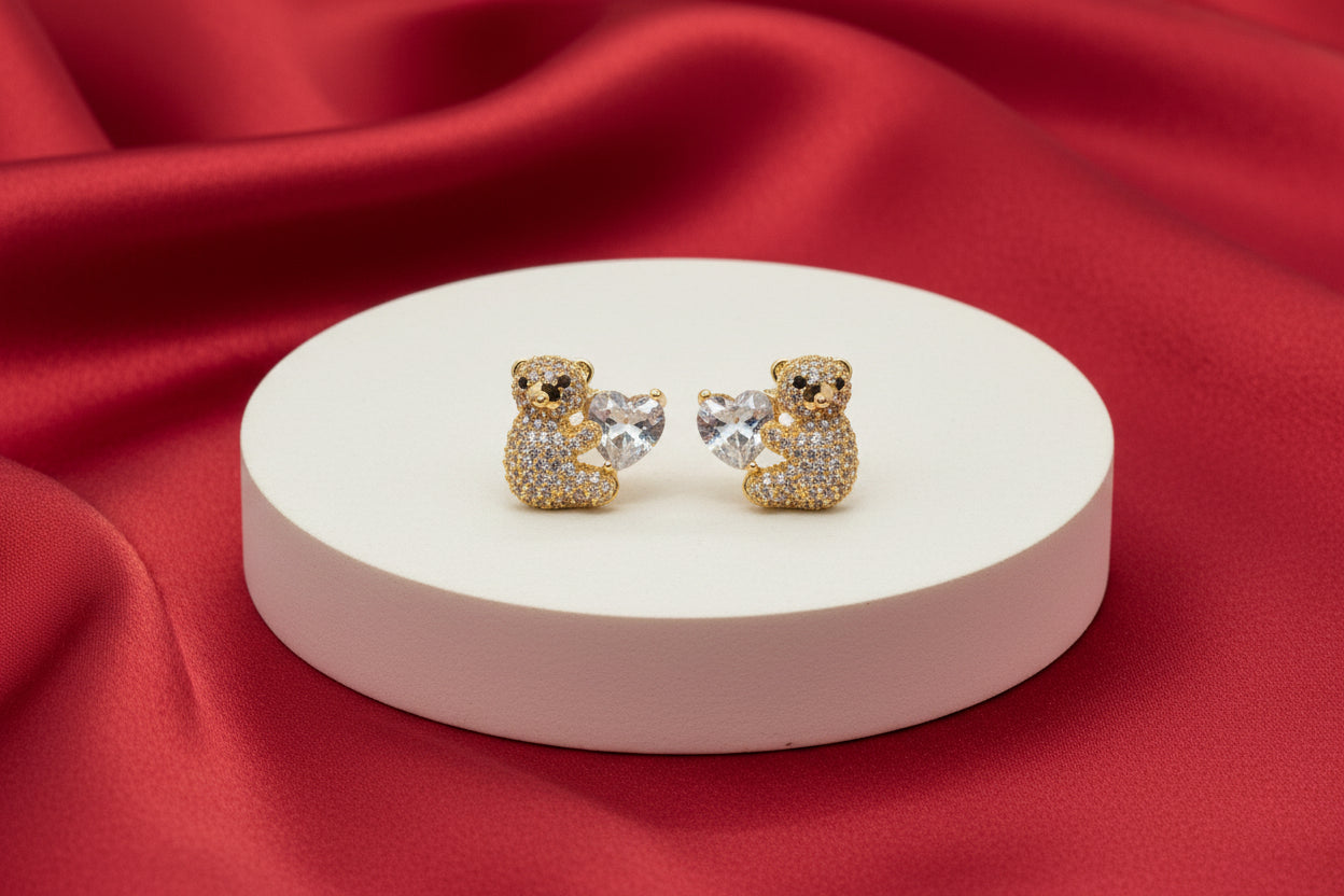 Golden Bear and Heart Huggie Studs