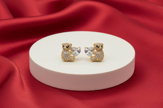 Golden Bear and Heart Huggie Studs
