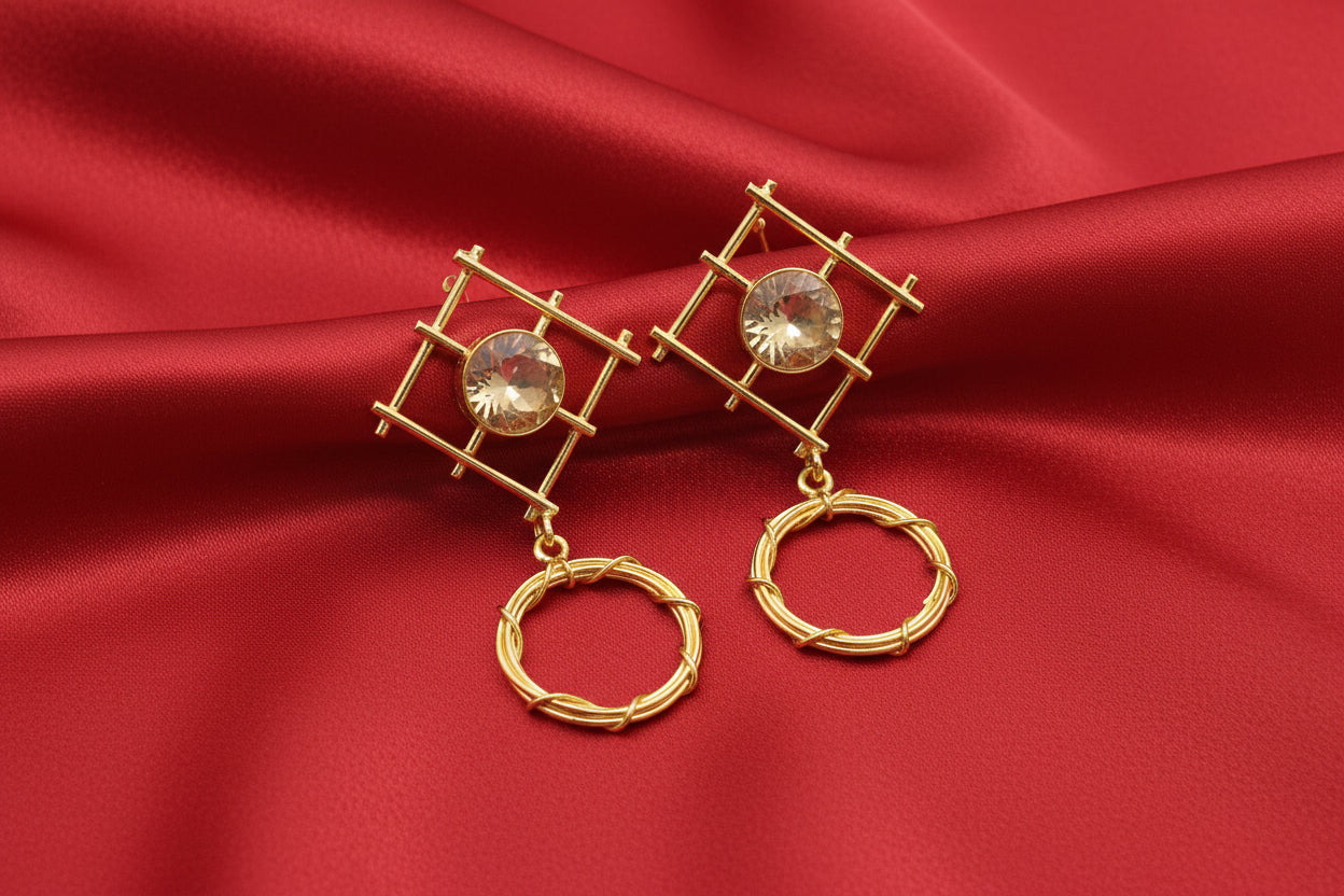 Geometric Grid and Wire Circle Drop Natural Stone Earrings